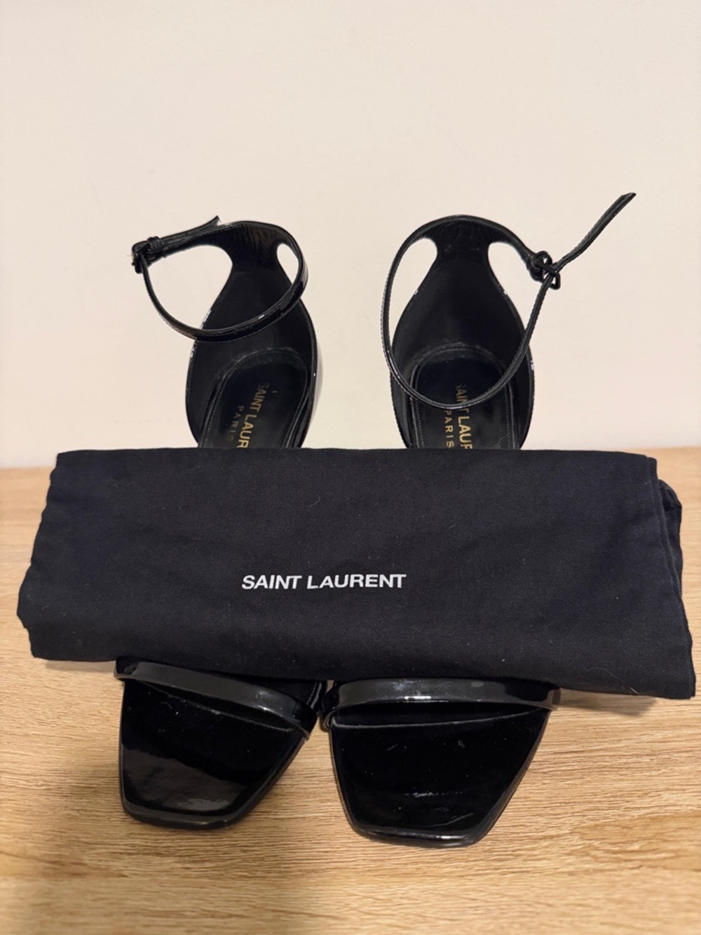 Saint Laurent Black Patent Logo-Heel Ankle-Strap Sandals - Picture 2 of 6